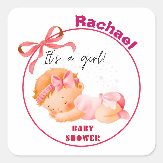 Pink Baby Shower, Baby Girl Shower Square Sticker (Front)