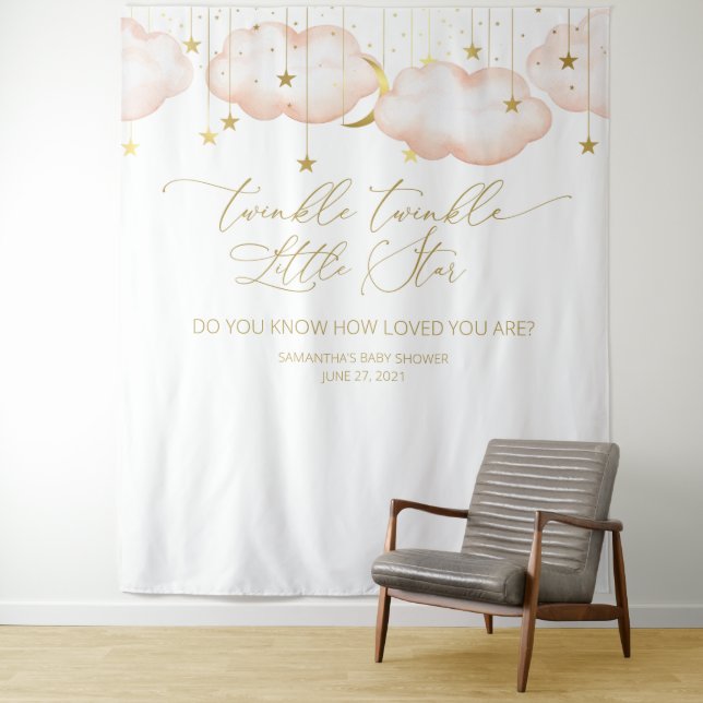Pink Baby Shower Backdrop, Twinkle Little Star Ban Tapestry (In Situ)