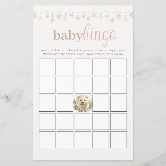 Pink Baby Shower Bingo Party Game Winter Boho Bear (Front)