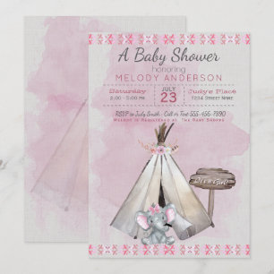 Pink Baby Shower Boho Baby Elephant & Tipi Invitation