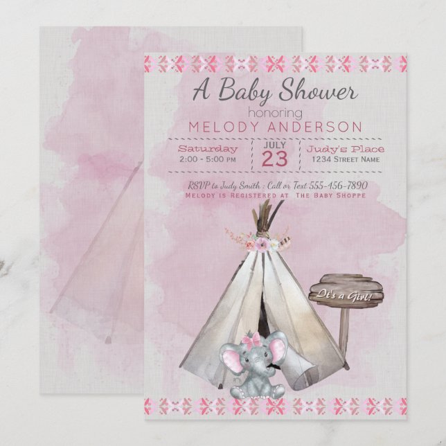 Pink Baby Shower Boho Baby Elephant & Tipi Invitation (Front/Back)