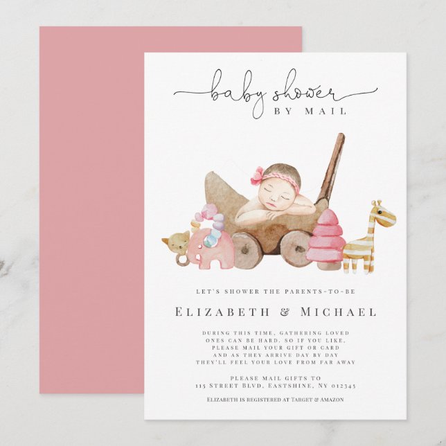  Pink Baby Shower By Mail Girl Boho Long Distance  Invitation (Front/Back)