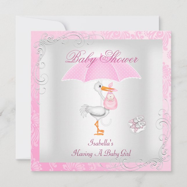 Pink Baby Shower Girl Umbrella Damask Invitation (Front)