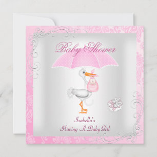 Pink Baby Shower Girl Umbrella Damask Invitation