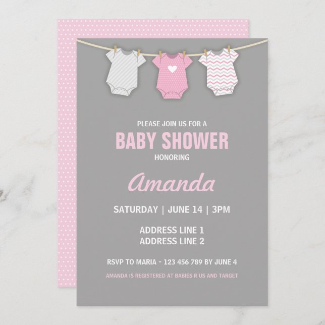 Pink Baby Shower Invitation, Clothesline Theme Invitation (Front/Back)