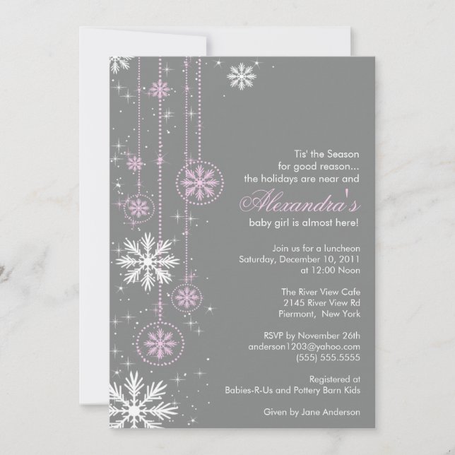 Pink Baby Shower Invitation Winter Snowflakes (Front)