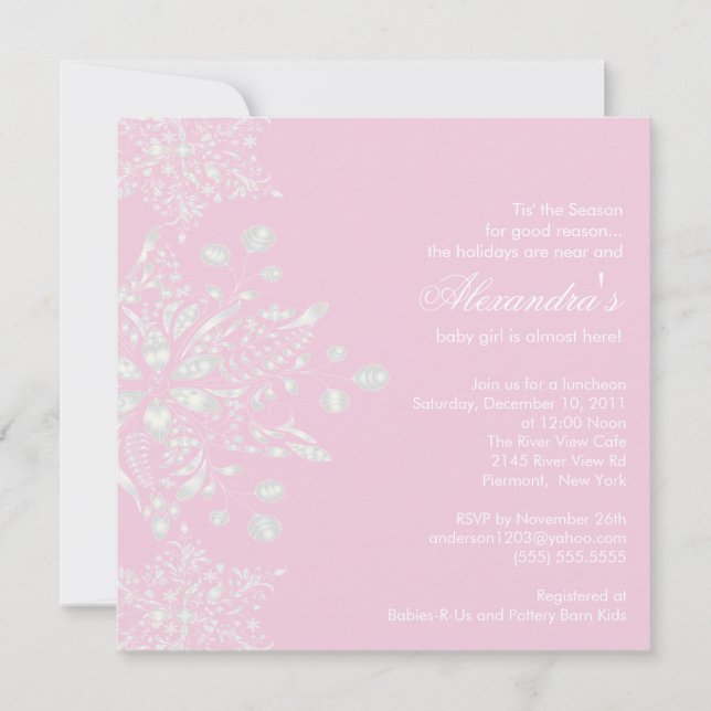 Pink Baby Shower Invitation Winter Snowflakes (Front)