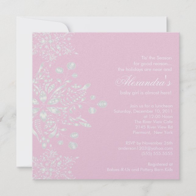 Pink Baby Shower Invitation Winter Snowflakes (Front)