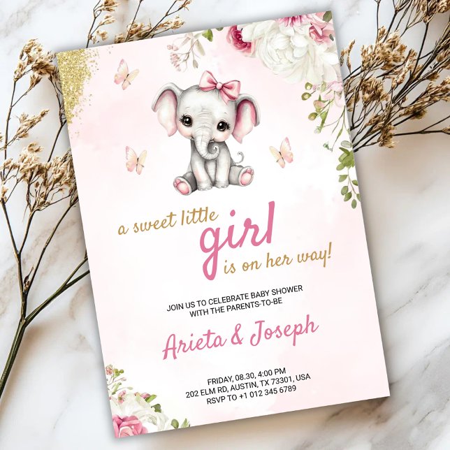 Pink baby shower invitation with a cute elephant  (Creator Uploaded)