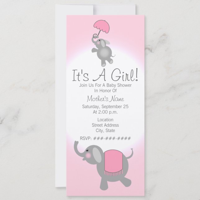 Pink Baby Shower Invite - Mother & Baby Elephant (Front)