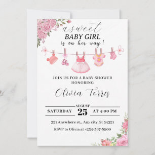 Pink Baby Shower Invite with Clothesline for Girls