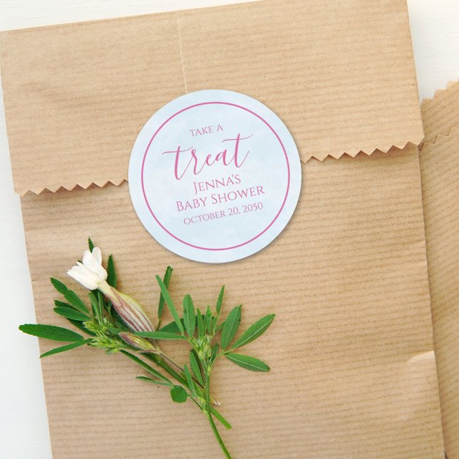 Pink Baby Shower Minimalist Blue Calligraphy  Classic Round Sticker (Creator Uploaded)