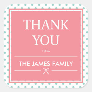 Pink Baby Shower Polka Dots & Ribbon Thank You Square Sticker
