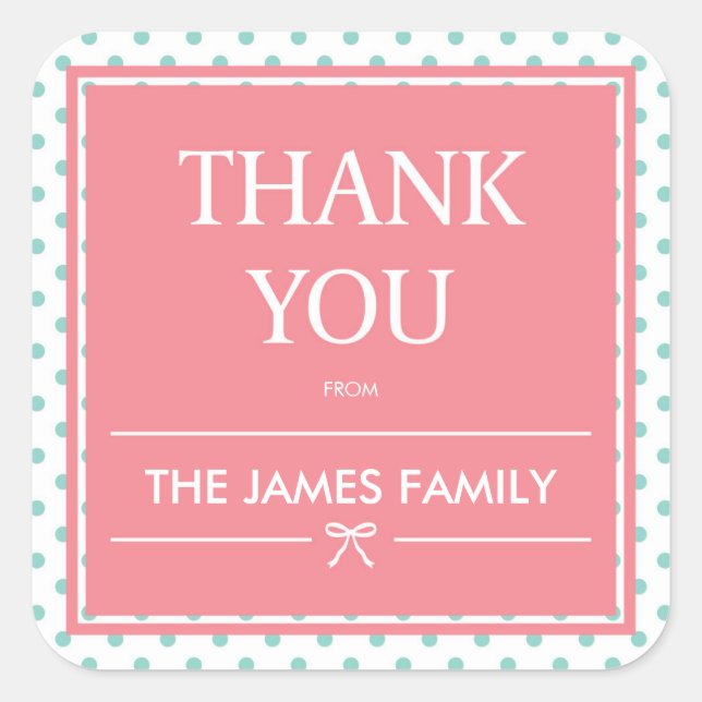 Pink Baby Shower Polka Dots & Ribbon Thank You Square Sticker (Front)