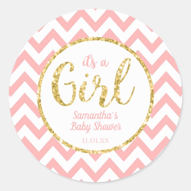 Pink Baby Shower Round Sticker | Chevron and Gold (Front)