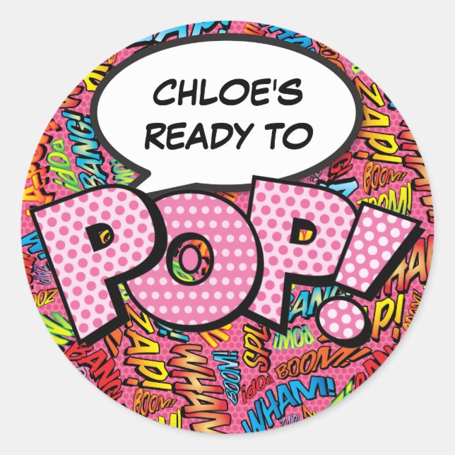 Pink Baby Shower Sprinkle Ready to POP Comic Book Classic Round Sticker (Front)