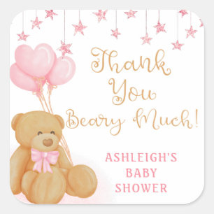 Pink Baby Shower Teddy Bear Balloons Thank You Square Sticker