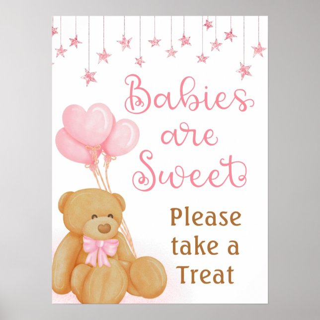 Pink Baby Shower Teddy Bear Dessert Table Sign (Front)