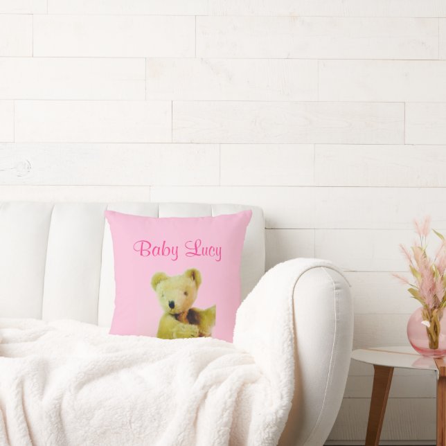 Pink Baby Shower Teddy Bear Throw Pillow (Couch)