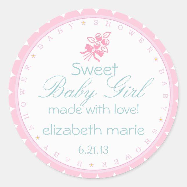 Pink Baby Shower with Scalloped Edge Classic Round Sticker (Front)