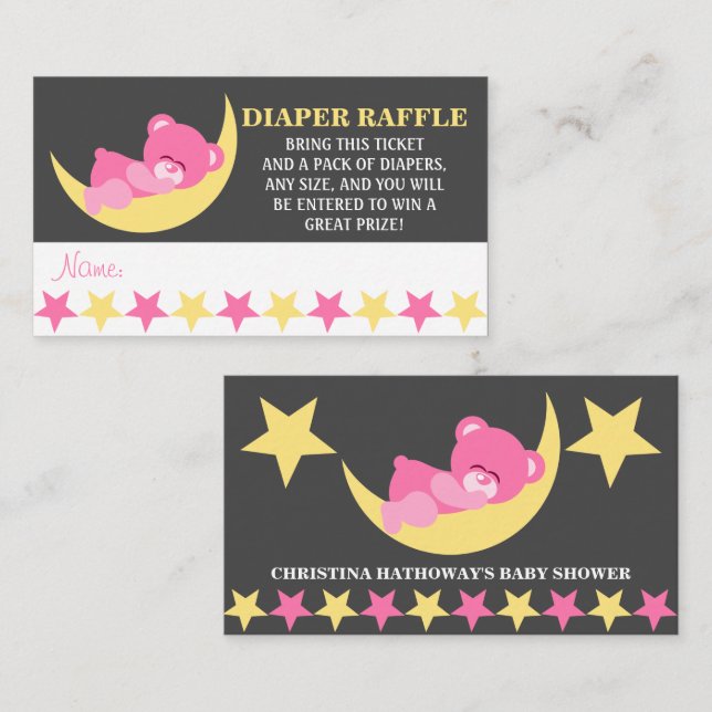 Pink Baby Sleeping Girl Bear Diaper Raffle Tickets Enclosure Card (Front/Back)