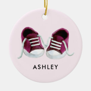 Pink Baby Sneakers Ornament, Christmas Gift Tag Ceramic Tree Decoration