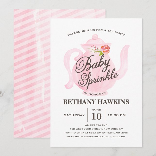 Pink Baby Sprinkle Tea Party Watercolor Invitation (Front/Back)