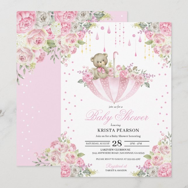 Pink Baby Sprinkle Umbrella Teddy Bear Baby Shower Invitation (Front/Back)