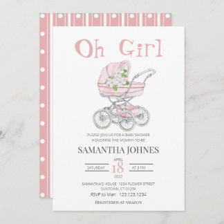 Pink baby stroller Blossom Baby Shower Invitation