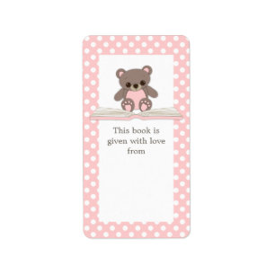 Pink Baby Teddy Bear on Book Gift Bookplate Label