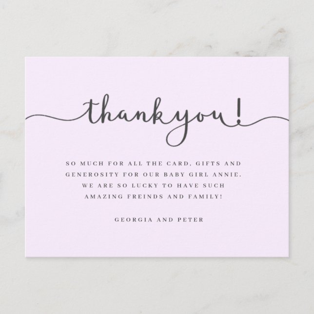 Pink baby thank you card, birthday thank you postcard (Front)