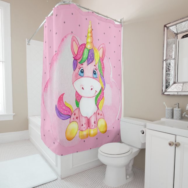 Pink Baby Unicorn on Cloud Shower Curtain (In Situ)
