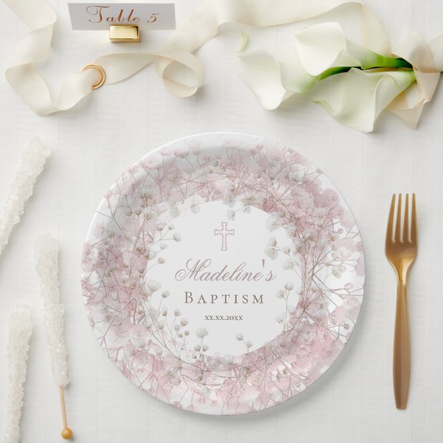 pink baby's breath Baptism Paper Plate (Wedding)