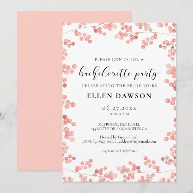 Pink Baby's Breath Floral Bachelorette Party Invitation (Front/Back)