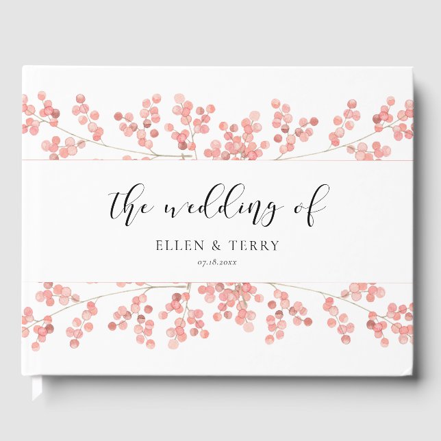 Pink Baby's Breath Floral Watercolor wedding Guest Book (Front)