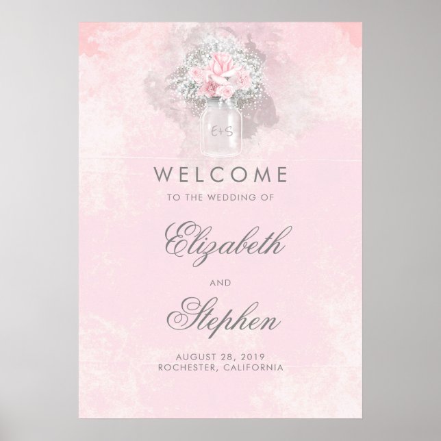 Pink Baby's Breath Floral Wedding Welcome Sign (Front)