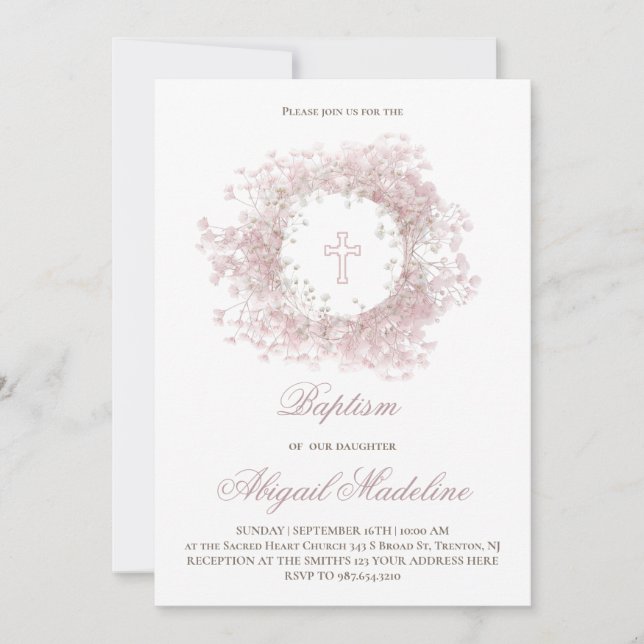 Pink Baby's Breath flowers Baptism  Invitation (Front)