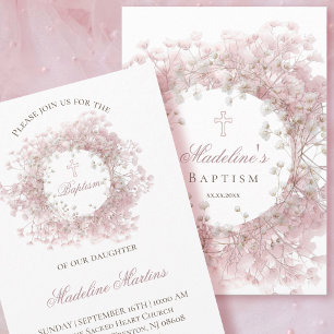pink baby's breath flowers Baptism Invitation