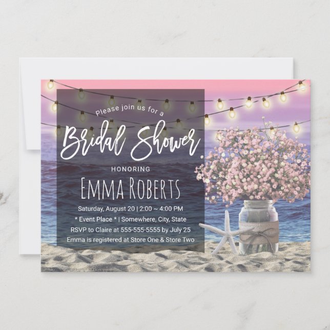 Pink Babys Breath Jar Beach Starfish Bridal Shower Invitation (Front)