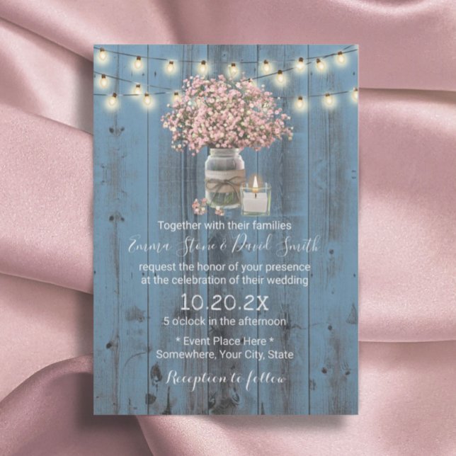 Pink Baby's Breath Jar Dusty Blue Rustic Wedding Invitation (Creator Uploaded)