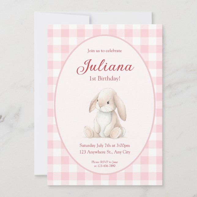 Pink Babys First Birthday Bunny Invitation (Front)