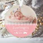 Pink Baby's First Christmas Personalised Photo Ornament<br><div class="desc">Celebrate a special baby girl's first Christmas with this adorable keepsake ornament,  featuring white snowflakes and text on a pink background. Personalise it with baby's photo,  name,  and birth year.</div>