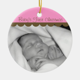 Pink Baby's First Christmas Photo Circle Ornament