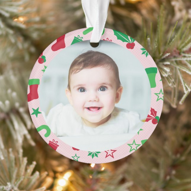 Pink Baby's First Christmas Photo Frame  Holiday Ornament (Tree)