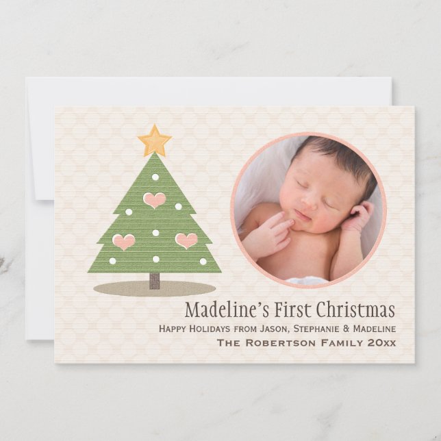 Pink Baby's First Christmas Tree Photo Card (Front)