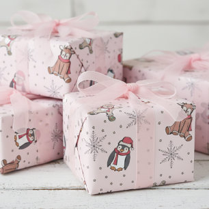 Pink Babys First Christmas Winter Animals Wrapping Paper