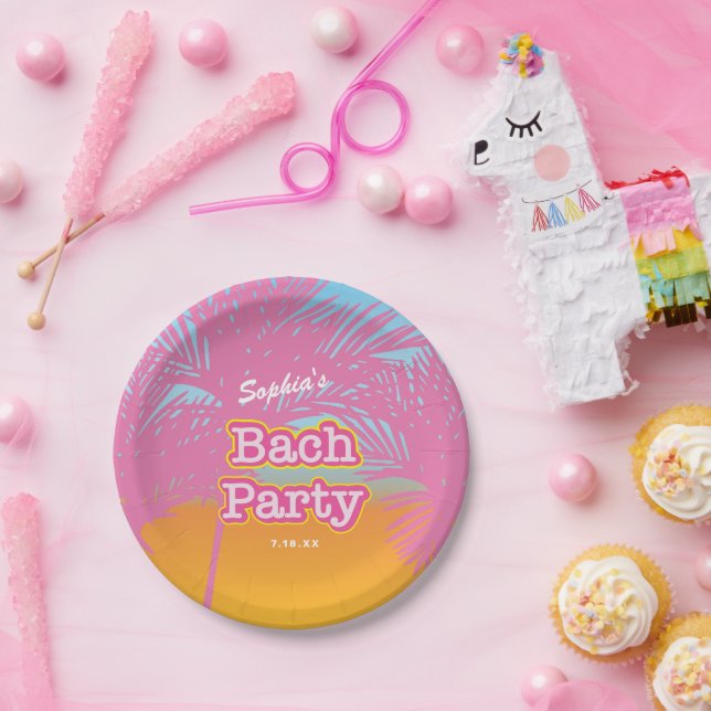 Pink Bach Party Palm Trees Paper Plate (Party)