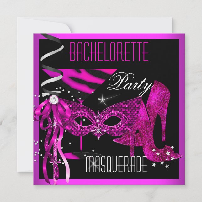 Pink Bachelorette Masquerade black High Heel Shoes Invitation (Front)
