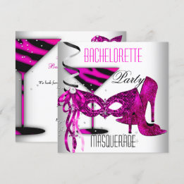 Pink Bachelorette Masquerade White High Heel Shoes Invitation