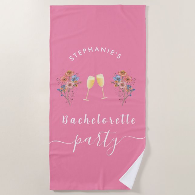 Pink Bachelorette Modern Floral Cocktail Beach Towel (Front)